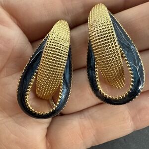 Vintage Textured Gold Tone & Blue Marble Enamel Double Open Teardrops Earrings